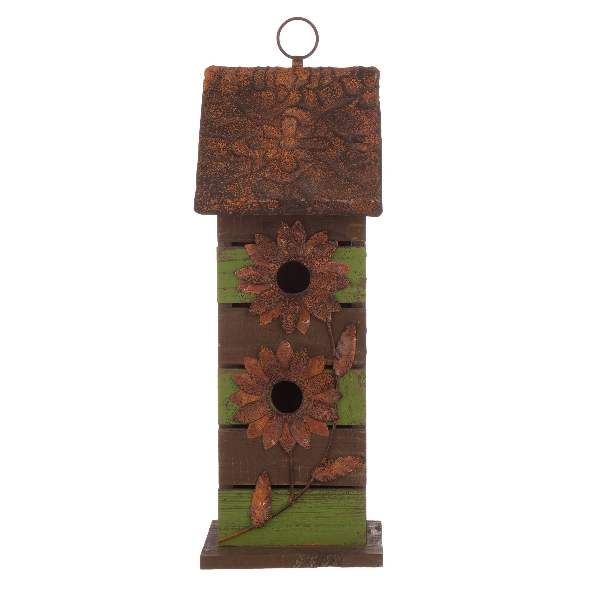 Glitzhome® Hanging 2-Tiered Distressed Wood Bird House with Flowers